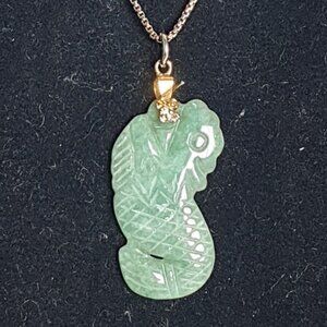 Vintage Hand Carved Double Sides Genuine Green Jade Dragon-Koi Pendant